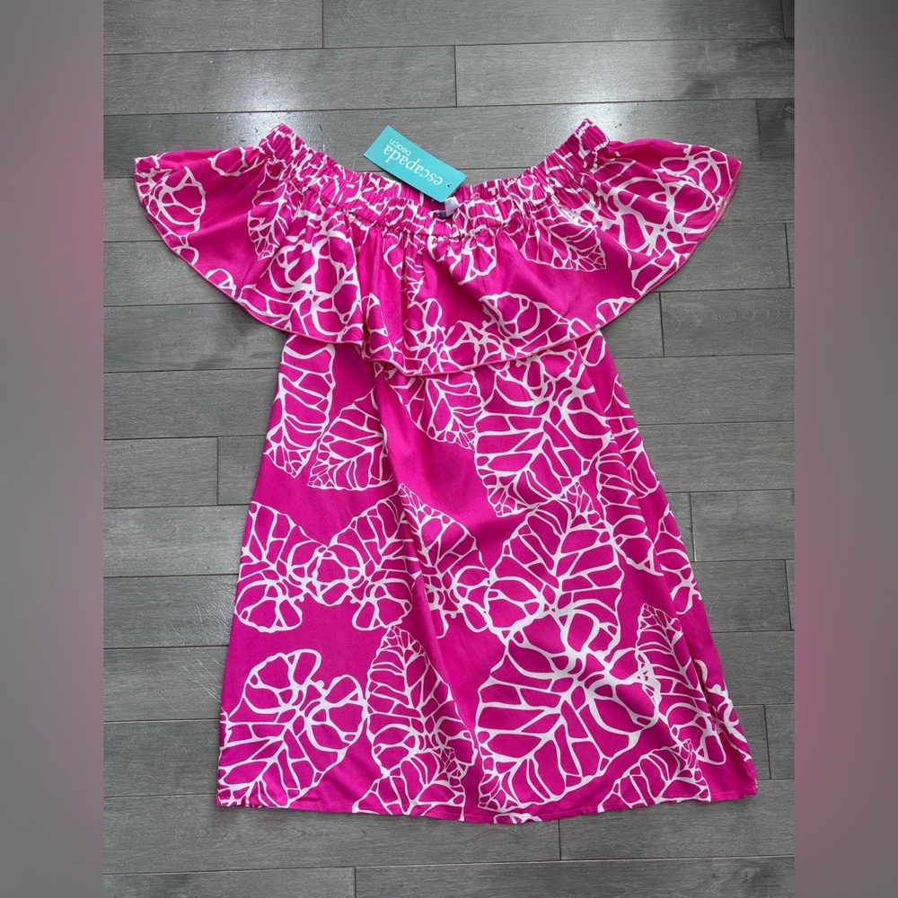 NWT Escapada Beach Off Shoulder Ruffle Cover Up Dress Pink Palm Print, Medium